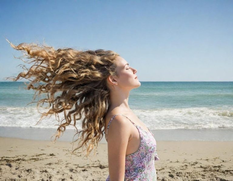 Young woman with curly hair enjoying the beach and ocean under a clear blue sky.