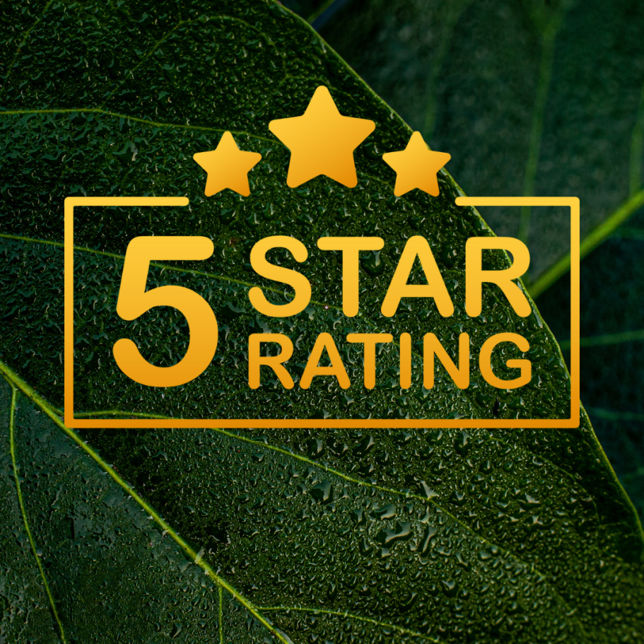 Green leafy background with 5-star rating written in gold, symbolizing client satisfaction for therapeutic massage in Stevens Point, WI.